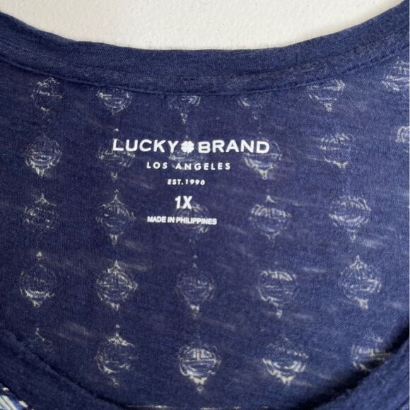 Lucky Brand Cotton Modal Short Sleeve Boho Navy Blue Medallion T Shirt Women 1X - Picture 7 of 14